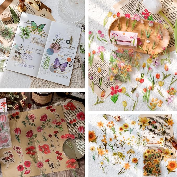 Yoksas Nature Floral Plant Stickers Set - 320 Pieces Transparent Pressed Flower Decals Journaling Stickers for Scrapbook,Junk Bullet Journal,Planner,Resin Art