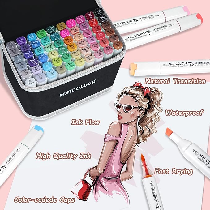 Brush Tip Alcohol Markers for Adults Artists, 60 Animation Color Dual Tips Art Mark Pen Set, Permanent Drawing Professional Marker Christmas
