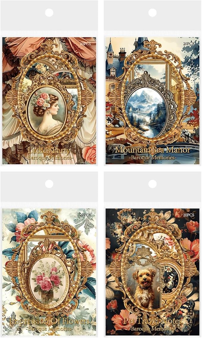 80 Pieces Vintage Baroque Style Frame Background Scrapbook Sticker Set, 4 Pack Aesthetic Palace Style PET Stickers for Scrapbooking, Journaling, Waterproof DIY Crafts and Junk Journal