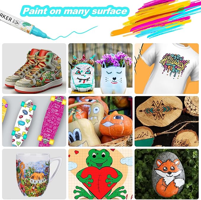 60 Colors Acrylic Paint Pens, Dual Tip Acrylic Paint Markers for Paper, Wood, Canvas, Stone, Rock Painting, Glass, Fabric, DIY, Ceramic, Art Supplies for Adults Drawing (Dot + Fine)