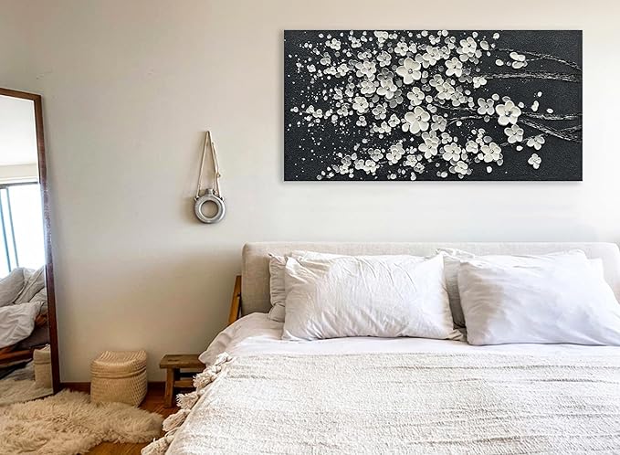 Art 24x48 Inches Hand-Painted White Flower Tree Art Oil Painting Modern Abstract Home Wall Decoration