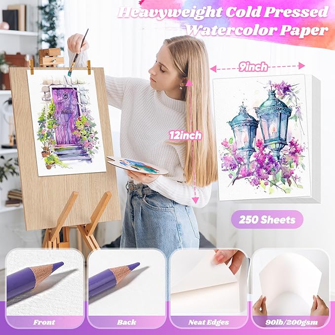 Watercolor Paper, 250 Sheets Water Color Paper Bulk, Art Supplies for Kids Adults, 9"x12" Artist Sketch Easel Painting Loose Drawing Paper, Valentines Day Stocking Stuffers, Teacher & School Supplies