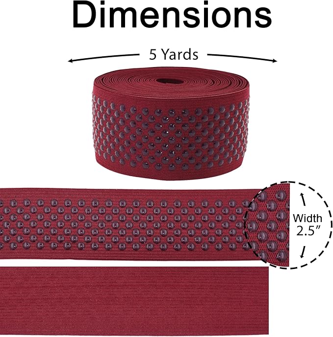 Mandala Crafts 2.5 Inch Elastic Silicone Gripper Tape for Clothing - 5 Yds Dotted Non Slip Elastic Band for Sewing - Burgundy Silicone Flat Fabric Stretchy Ribbon Straps