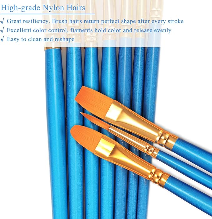 BOSOBO Paint Brush Sets, 10 Pack 100 Pcs Pointed-Round Tip Paintbrushes Nylon Hair Artist Acrylic Paint Brushes for Acrylic Watercolor Oil, Face Art, Model, Miniature Detailing & Rock Painting, Blue
