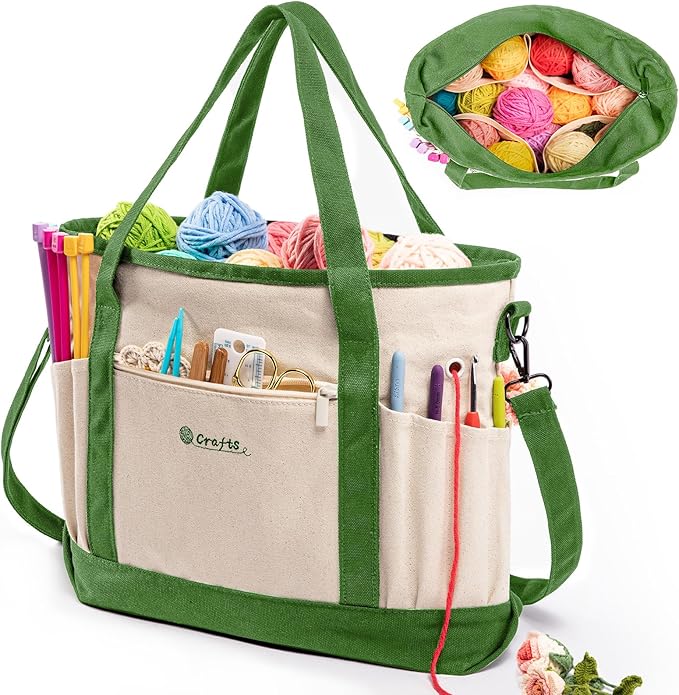 MYBAGZING Canvas Yarn Storage Organizer Bag Washable Crochet Bag with Pockets for Yarn, Hooks, Needles – Travel Knitting Tote for Crafters – Gift for Crocheters & Knitters (Medium/Large)