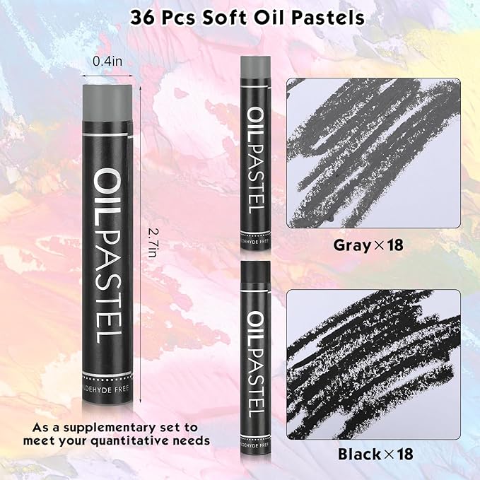 Geyoga 36 Pcs Soft Oil Pastels Bulk Artists Oil Crayons Single Color Creamy Pastels for Art Painting Drawing Blending for Artists(Black, Gray)