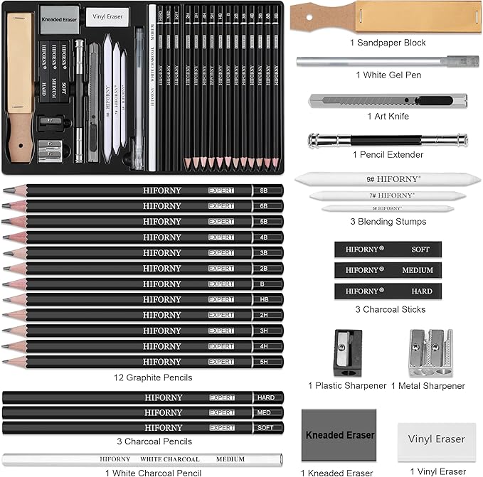 HIFORNY 30 PCS Sketching Drawing Pencil Set,Sketch Pencils Art Supplies with Graphite,Charcoal,Blending Tools,Accessories,Drawing Kit for Adults Artists