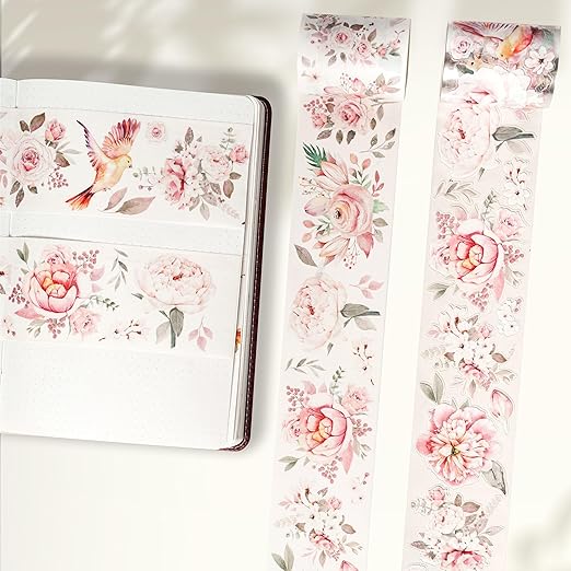 WT Pre-Cut Pink Velvet Wide PET Tape, Single Roll, Original Designs, Transparent Floral Adhesive, Durable Decorative Clear Tape for Journaling, Scrapbook, Planner, DIY Crafts, Bujo Supplies, 60mm×5m