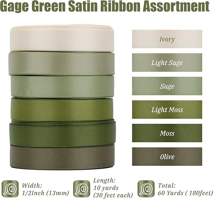 Sage Green Satin Ribbon - Moss Green, 1/2 Inch, 6 Rolls (60 Yards) for Wedding, Crafts & Gift Wrapping