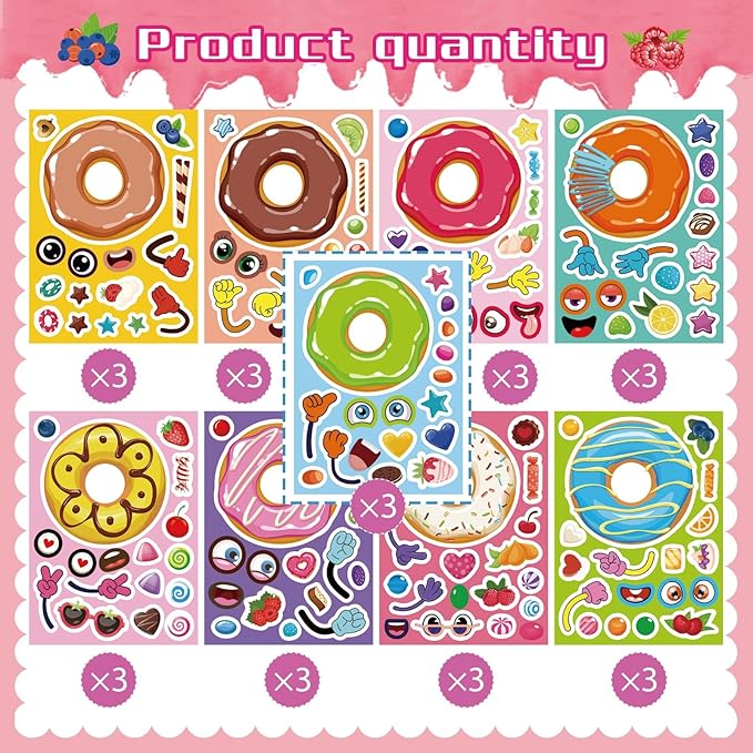 DUJAA 27 Sheets Donut Stickers for Kids, DIY Art Crafts, Make Your Own Donut Stickers, Mix and Match Sweets and Treats Fruit, Birthday Gifts, Teacher Reward