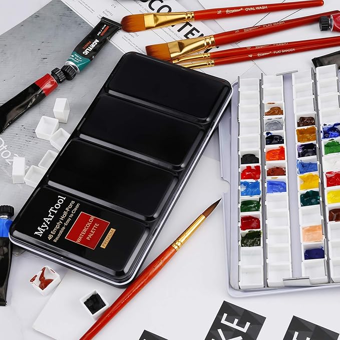 MYARTOOL Metal Tin Paint Case, Fold-Out Palette Holds 48 Half Pans, Travel Palette, Acrylic and Watercolor