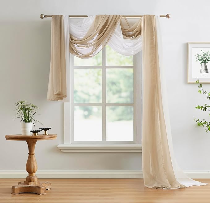 WARM HOME DESIGNS Wedding Arch Draping Fabric Bundle Has 2 144 Inch (12 Feet) Scarves in White & Brown Fabric Color for Fabric, Ceremony or Wedding Decoration. AD White & Taupe 144”