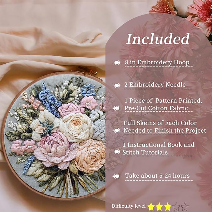 FONNUY Bouquet Flowers Embroidery Kit for Beginners, Pre-Stamped Pattern Kits for Adults with Hoop, Easy to Follow Color Thread Needlework, 8'' Hoop (Heartwarming)
