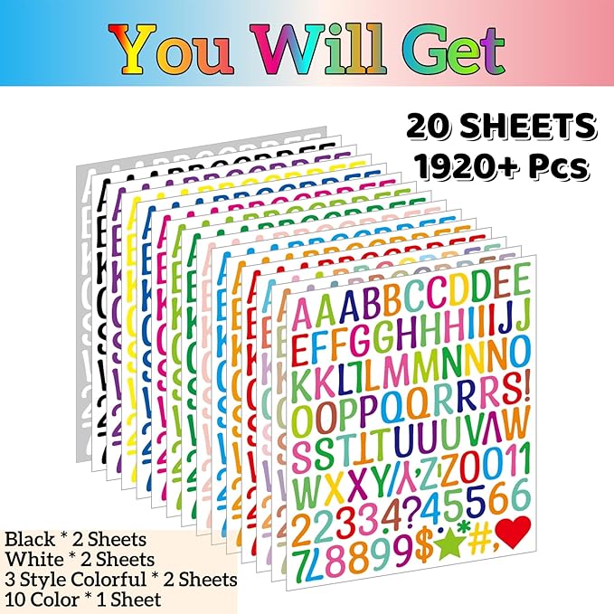 1920Pcs Letter Stickers 20 Sheets Alphabet Stickers 1 Inch Vinyl Self-Adhesive Waterproof Letters Number for Scrapbooking Water Bottles Cup DIY Crafts, Sign, Labels, Notebook, Mailbox, Windows, Doors