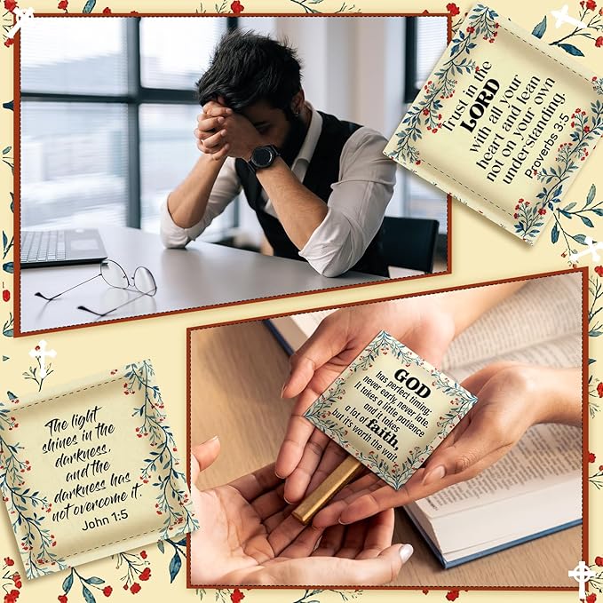 Pocket Prayer Quilt Panel Squares with Small Wooden Crosses Mini Scripture Pocket Prayer Quilt for Friend Family Religious Spiritual Gift Easter Reward Gift(Wildflower,Brown)
