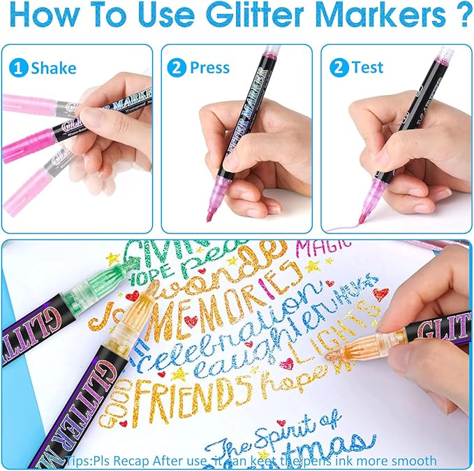 Glitter Marker Pens Shimmer Sparkle Paint Markers, Tween Teen Girl Gifts Trendy Stuff Crafts Art Supplies for Kids Ages 4 6 8 9 10 12 14 16 Year Old Glitter Art Marker for Kids Adults Crafts Supplies