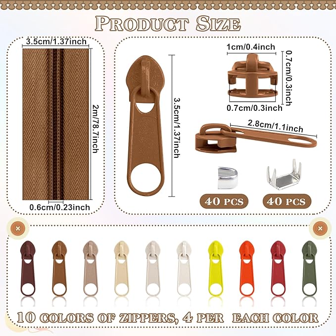 DOITEM 22.2 Yards/ 20 m 10 Pcs Assorted Colors #5 Nylon Coil Zippers, Sewing Zippers Endless Zips with 40 Pieces Zipper Sliders for DIY Sewing Tailor Craft Supplies