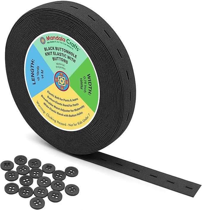 Mandala Crafts Black Buttonhole Elastics Band Pants Waist Tightener for Jeans - 0.75 In 15 Yds Black Elastic with Button Holes for Button Extender Waistband Belt