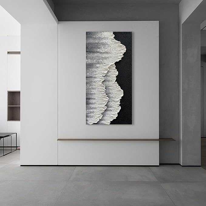 NANKAI Art Hand-Painted 3D Ocean Wave Oil Painting Natural Landscape Black and White Abstract Canvas Art Mural Family Wall Art Deco 48x24 inches