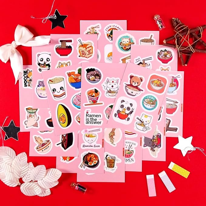 BulbaCraft Ramen Stickers for Water Bottle and Laptop - Foodie Party Supplies & Decorations, Waterproof Vinyl Noodle Decals, Cute Ramen Stickers Laptop Decals, Gifts for Women & Men