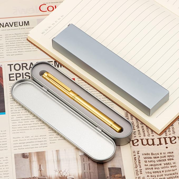 Hongdian Pure Brass Fountain Pen Bent Nib Fude Pen for Calligraphy Writing (Fine to Broad) with Refillable Converter and Metal Pen Box Set
