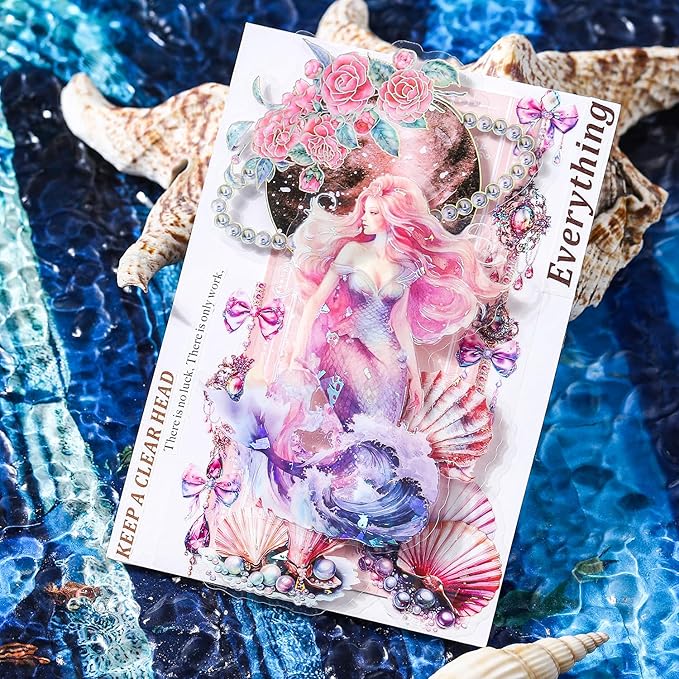 Yoksas Holographic Shiny Fantasy Mermaid Big Stickers - 30Pcs Waterproof Clear Glitter Aesthetic Fairy Tale Scrapbook Stickers for Junk Journals,Planner,Resin Art Supplies
