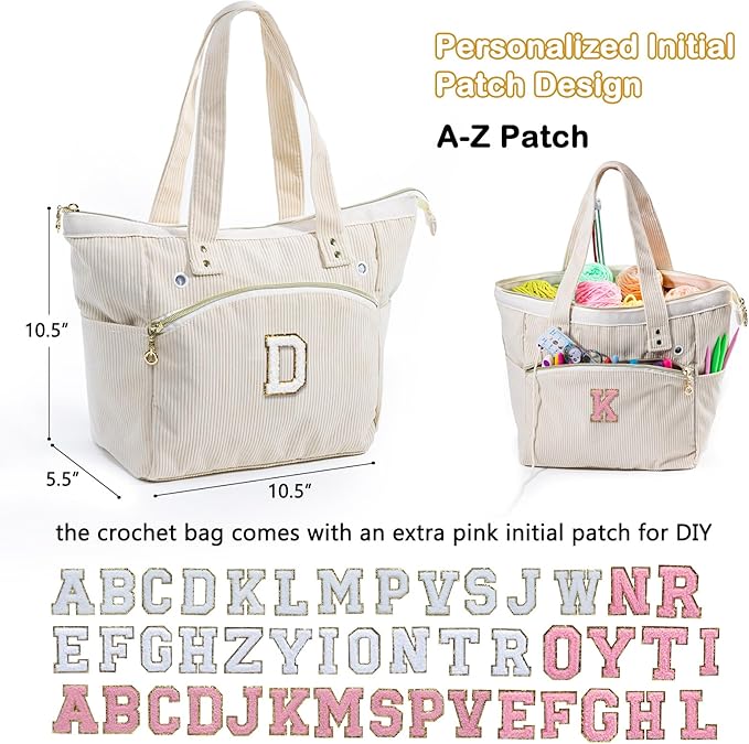 Initial Personalized Crochet Tote - Corduroy Yarn Storage - Yarn Holder & Crochet Organizer for Hooks & Accessories - Project Bag