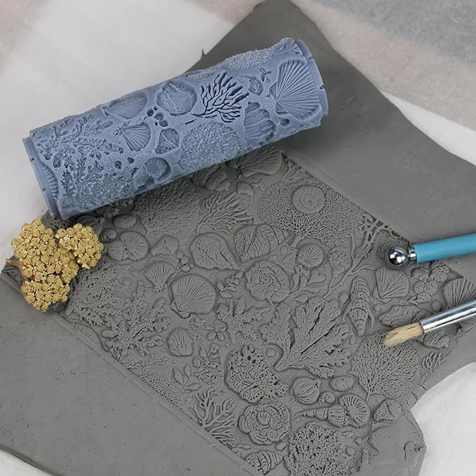 Ocean Floor Collage Clay Texture Roller (4") - Seamless Ocean Set #01 - Embossing Pattern Roller for Polymer & Ceramic Clay, Pottery & Crafts