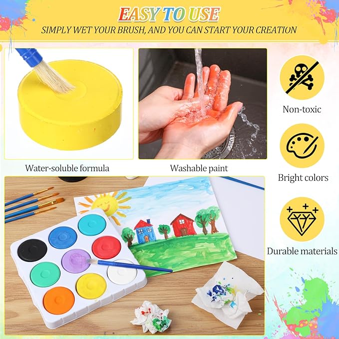 Nuanchu Tempera Paint Cakes 9 Assorted Colors Tempera Paint Set with Tray Brush Washable Draw Tray Palette Non Toxic Art Supplies for Painting Crafts Projects Back to Home Creative Party Favor