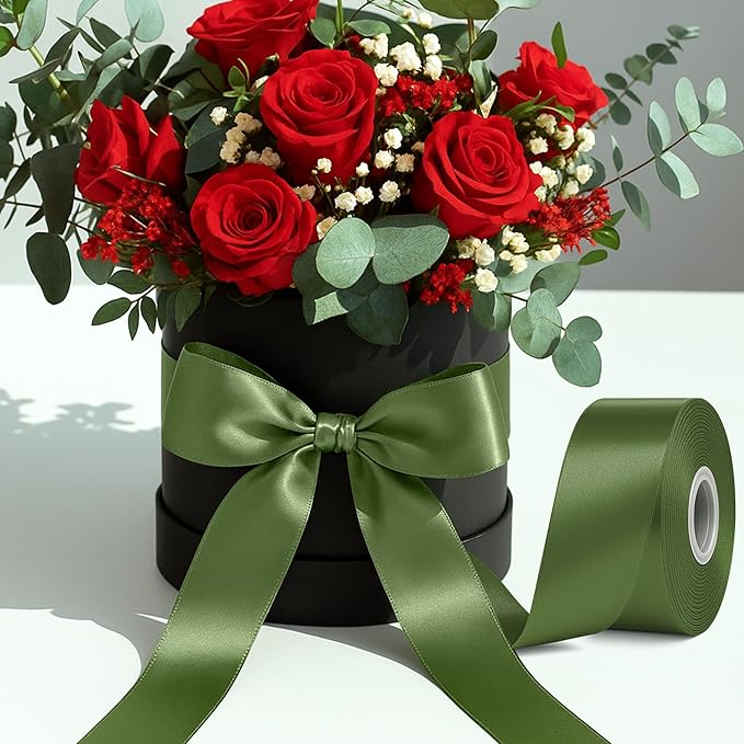 Fullive Army Green Christmas Ribbon, 1 1/2 Inch 30 Yards Ribbons for Crafts, Polyester Satin Ribbon for Gift Wrapping for St. Patrick's Day Christmas Decorations Wrapping Bouquet Floral Arrangements