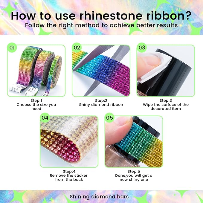 Novani Self Adhesive Rhinestone Ribbon, 0.78 Inch Wide 3 Yards 1 Roll, Rainbow Crystal Diamond Bling Strips for DIY Crafts,Home Decor,Glitter Glass Rhinestones Tape for Crafting,Car Decoration