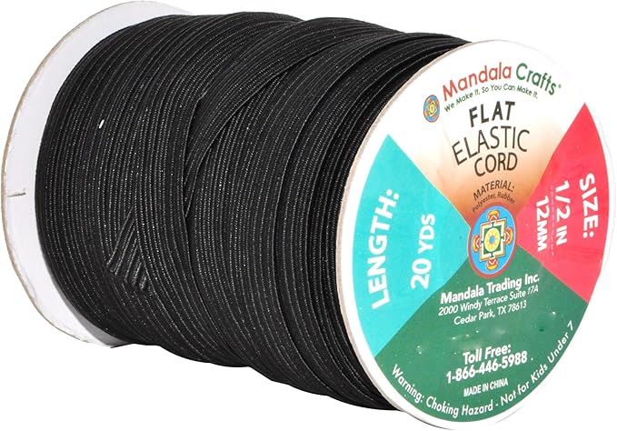 Mandala Crafts 12mm 20 Yds Roll of Black Elastic Bands for Sewing - 1/2 Flat Elastics Cord - 1 2 Inch Braided Stretch Straps for Crafting