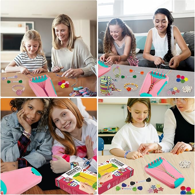 Arts and Crafts for Kids Ages 8-12,Friendship Bracelet Making Kit for Girl,Kids Jewelry Making Kit with 28 Pre-Cut Threads,Christmas Birthday Gifts for Ages 6 7 8 9 10 11 12 Year Old Pink/Cyan