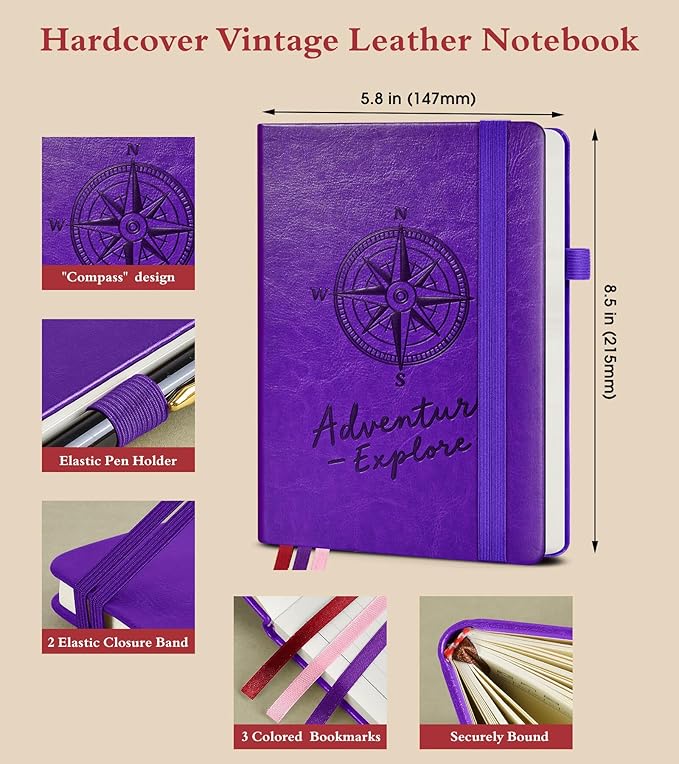 PAIBAS Graph Notebook for Women Men, 160 Pages Grid Paper, Graphing Notebooks for School, Work, Quad Ruled, Inner Pocket, A5 Hardcover Vintage Leather Journals for Writing, 5.8"x8.5" (Purple)