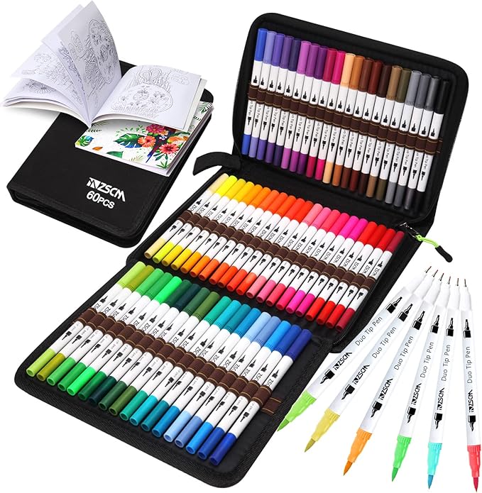 ZSCM Art Duo Tip Brush Markers Set, 60 Colors Fine Brush Tip Artist Drawing Pens Set with Coloring Book, for Adult Sketching Journal Planner Gifts