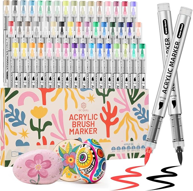 GC QUILL Acrylic Paint Markers – 48 Colors Acrylic Paint Pens with Brush Tip for Wood, Glass, Canvas– Acrylic Markers Set for Adults, Artists GC-AM48