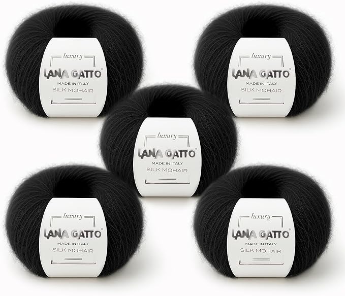 5 Skeins, Silk Mohair Luxury Yarns, Premium and Soft Blend for Knitting and Crocheting, Made in Italy (Black - 6037, 5)