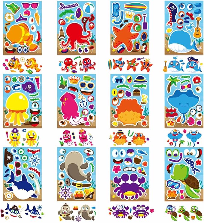 24 Sheets Make Your Own Sea Animals Stickers for Kids Toddlers, Make a Face Stickers Mix and Match Stickers, Ocean Animals Stickers for Kids Party Favors Activities