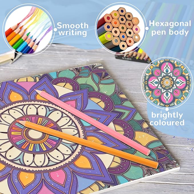 2Pcs Mandala Adult Coloring Books for Women Relaxation with 36 Color Pencils, Adult Coloring Book Spiral Bound, Thick Paper One Sided Design, Coloring Pencils for Adults with Mandala Coloring Books
