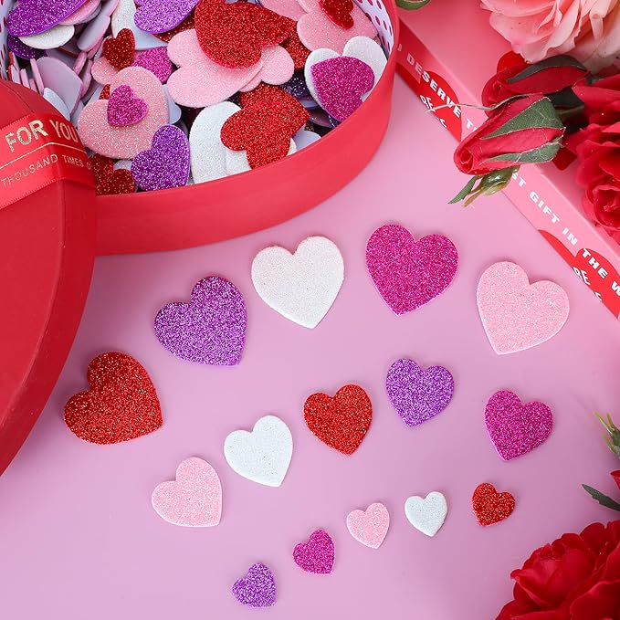 300 PCS Valentines Stickers, Self-Adhesive Foam Heart Stickers Valentines Decor, 3 Sizes Glitter Valentine Crafts, Red Purple Heart Themed Decor for DIY Scrapbooking Cards Craft Supplies