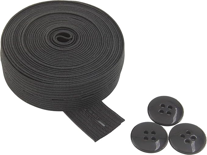 Flat Sewing Band Spool with Buttonholes, Elastic Stretchable, Ideal for DIY Waistbands and Necklines (Black, 3/4 inch × 3 Yards)