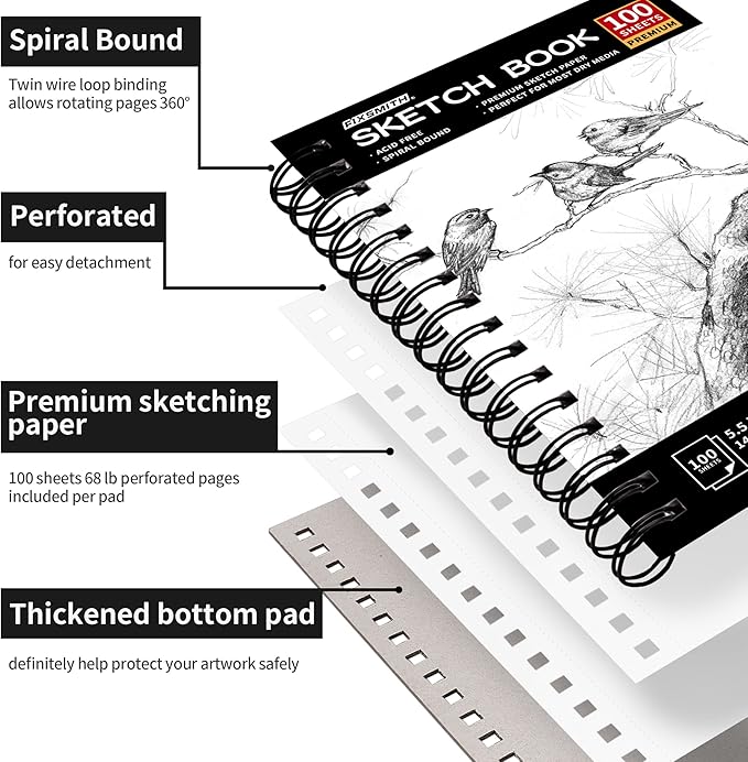 FIXSMITH 5.5"X8.5" Sketch Book | 200 Sheets (68 lb/100gsm) Sketchbook | 2 Pack | Acid Free Drawing Paper | Spiral Bound Artist Sketch Pad | for Kids,Beginners,Artists & Professionals