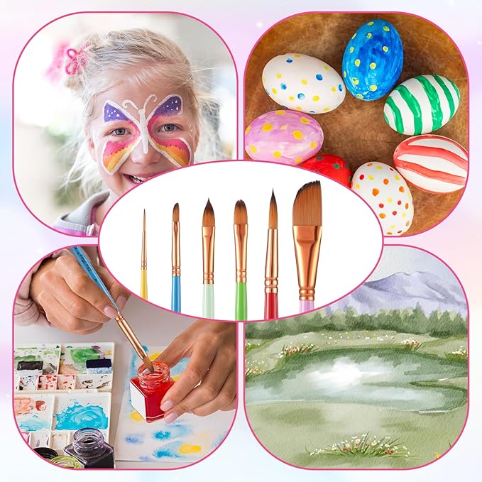 6 Pack Face Paint Brush Set, Synthetic Bristles in Different Sizes Shapes Oil Watercolor Acrylic Paint Brush Aesthetic Pastel Artist Paints Brushes for Body Nail Body Art Craft Canvas Rock, Multicolor