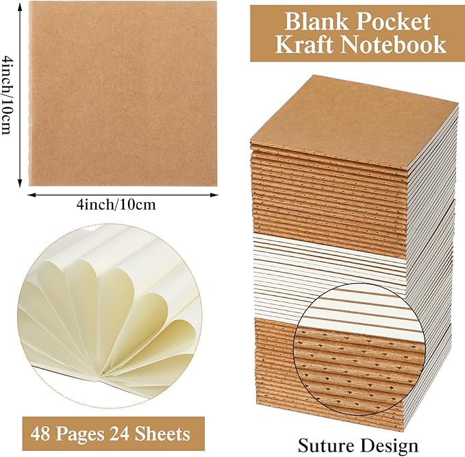 100 Pieces Mini Notebook Bulk Set Small Kraft Paper Journals Blank Lined Pocket Journal Sketchbooks for Drawing Writing Office Supplies 4 x 4 Inch Notebooks with 24 Sheets(Blank Style)