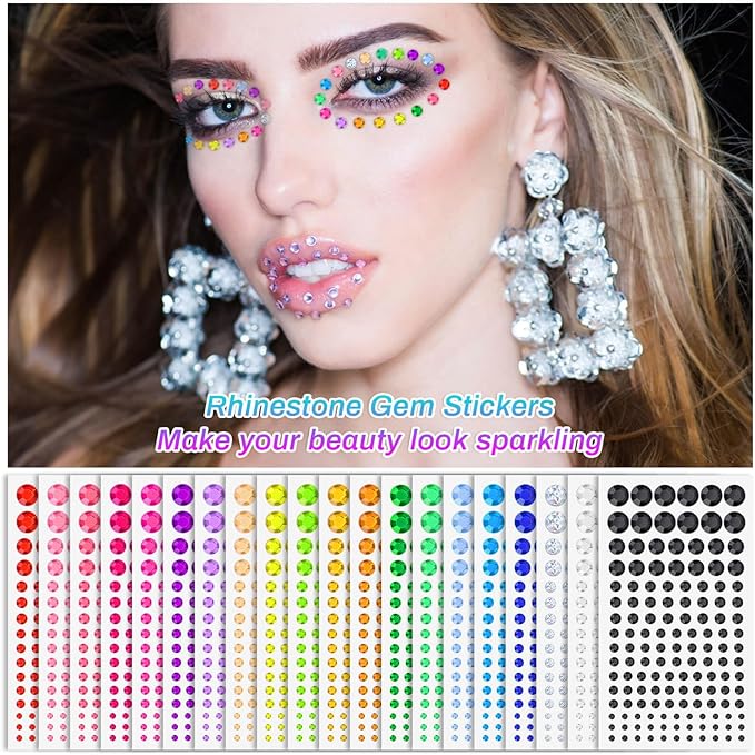 2800 Pcs Self Adhesive face Rhinestones gems Stickers in 20 Colors, 6 Sizes Stick on Jewels for Body, Face, Hair and Craft DIY Decorations(3/4/5/6/8/10mm)