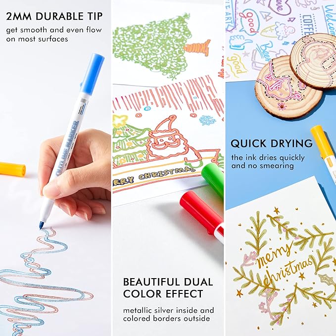 Shuttle Art 28 Pack Double Line Outline Permanent Markers, 14 Silver and 14 Gold Colors Squiggles Shimmer Markers Set, Self Outline Metallic Marker Pens for Drawing, Christmas Card, DIY Crafts