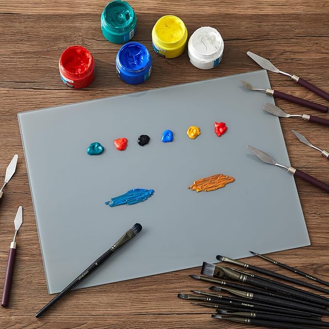 Nuanchu 20 Pcs Artist Painting Set with 16 x 12 Inches Neutral Grey Tempered Glass Palette, 12 Pcs Watercolor Brushes, Palette Knife for Oil Painting Artist Beginner DIY Color Mixing Supplies