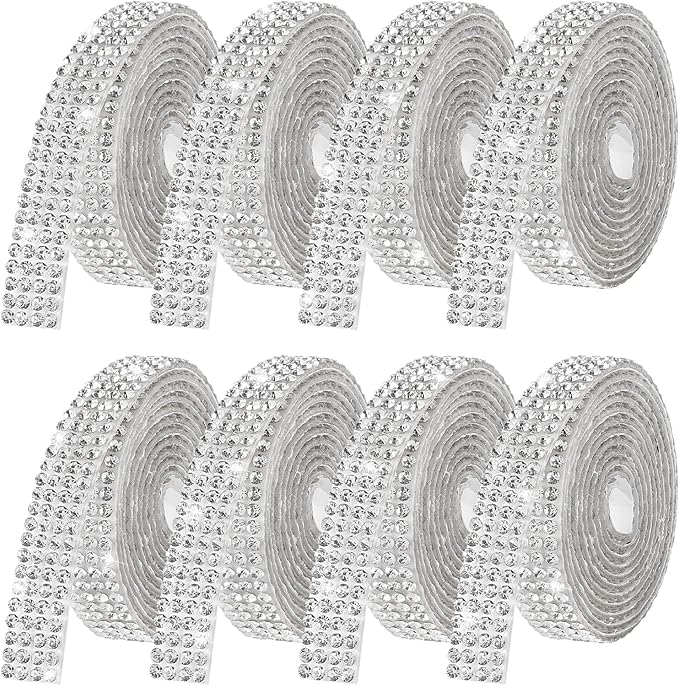 Rhinestone Ribbon Self Adhesive, 8-Rolls Bedazzling Strips, 8-Yard Rhinestone Strips for DIY Craft, Rhinestones Tape Self Adhesive, Transparent Crystal Color