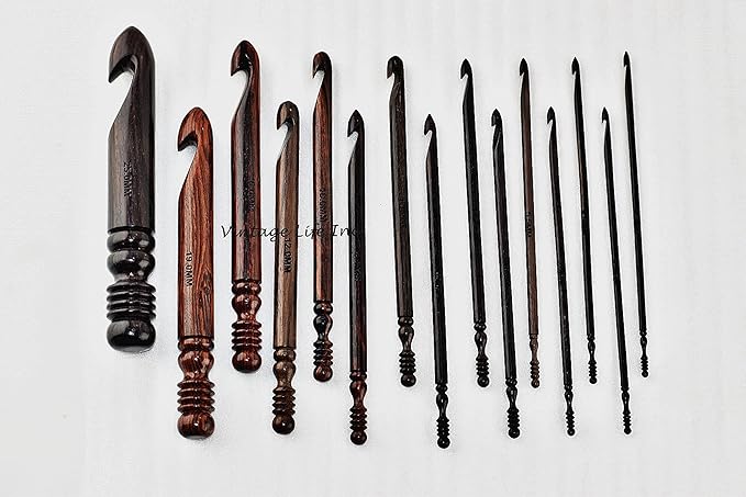DnU Avenue Rosewood Set of 15 Ergonomic Crochet Hooks 3.5 MM to 25 MM, Wooden Yarn Crochet Hooks for Arthritic Hands, Knitting & Crochet Hook Organizer, Soft Grip, Wood Finish, Brown (Only Hooks).