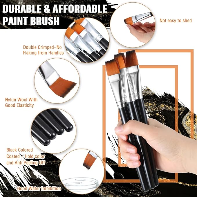 Zonon 10 Pcs 3/4 Inch Flat Paint Brushes Acrylic Painting Craft Accessories Small Watercolor Paint Brushes Bulk for Adult Artist Detail Oil Canvas Face(8.1 x 0.9 x 3/4 Inch,Black)